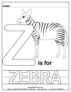 Free printable letter Z coloring page – zebra