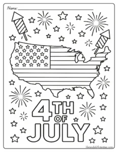 Outline map of the USA with patriotic decorations