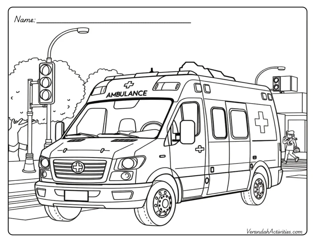 Ambulance Coloring Page – Free Printable Colouring Sheet Printable ambulance coloring page for kids