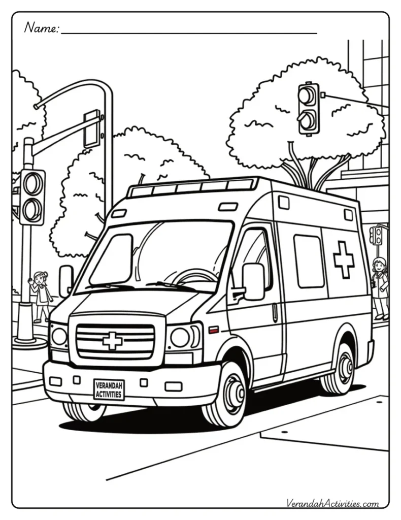 Emergency Ambulance Coloring Page – Printable Ambulance coloring page with lights – printable PDF