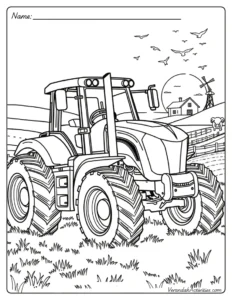 Printable coloring sheet of a farm tractor in a field – free activity for kids
