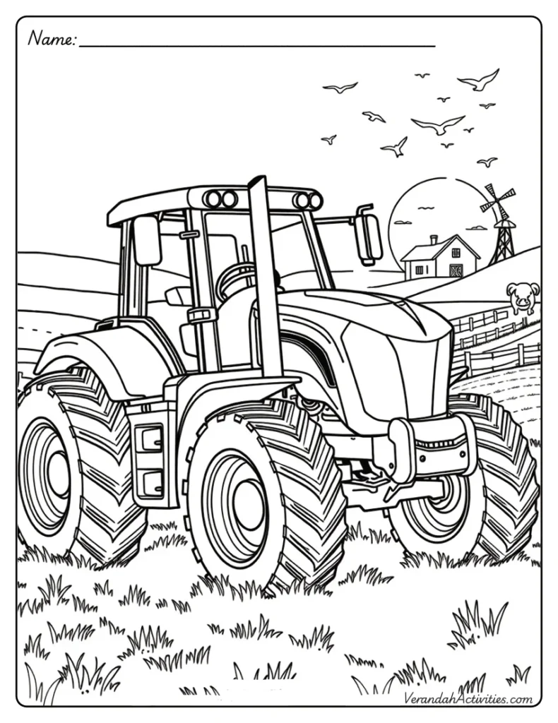 Farm Scene with Tractor – Free Printable Coloring Page Printable coloring sheet of a farm tractor in a field – free activity for kids